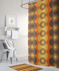 Retro Shower Curtain, Brown Orange Yellow, Mid Century Modern For Bathroom Decor