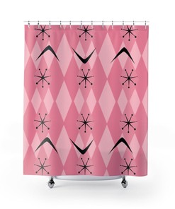 Retro Shower Curtain Dark Pink, Light Pink Atomic Age 50's Starburst Harlequin Diamonds Boomerang MCM Home Décor Shower Curtain