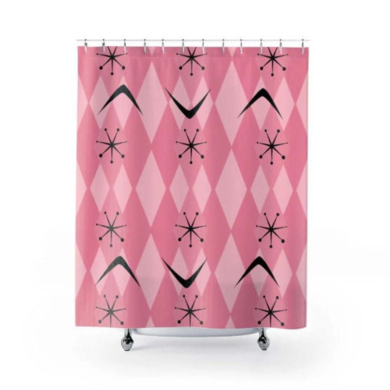 Retro Shower Curtain Dark Pink, Light Pink Atomic Age 50's Starburst Harlequin Diamonds Boomerang MCM Home Décor Shower Curtain - Image 2