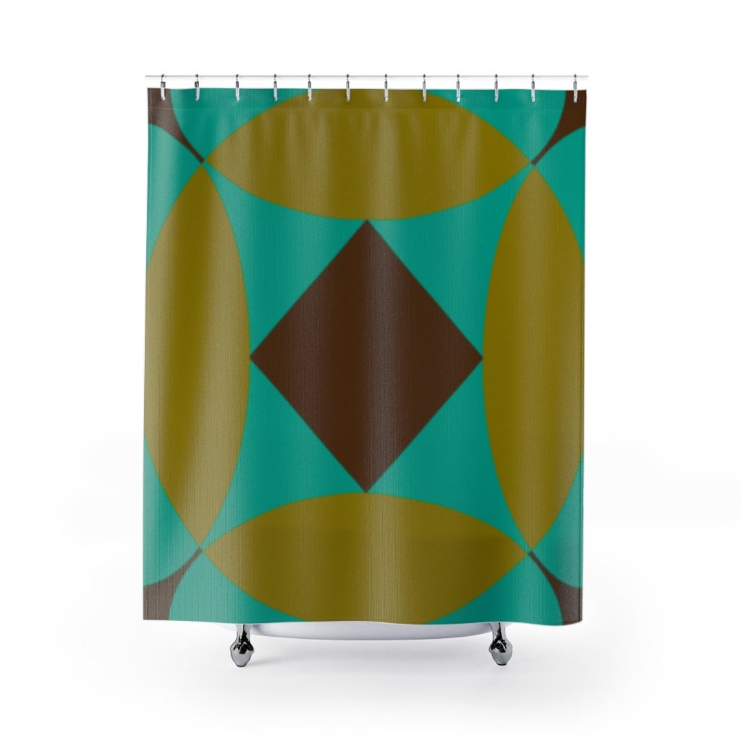 Retro Shower Curtain, Green and Brown Retro Flower Mid Century Modern Shower Curtain, Retro Bathroom Decor