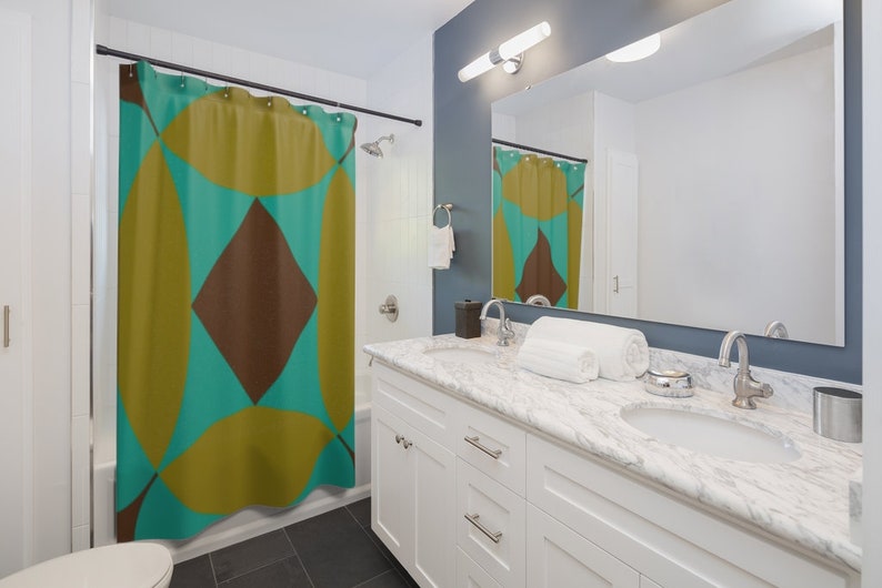 Retro Shower Curtain, Green and Brown Retro Flower Mid Century Modern Shower Curtain, Retro Bathroom Decor - Image 2