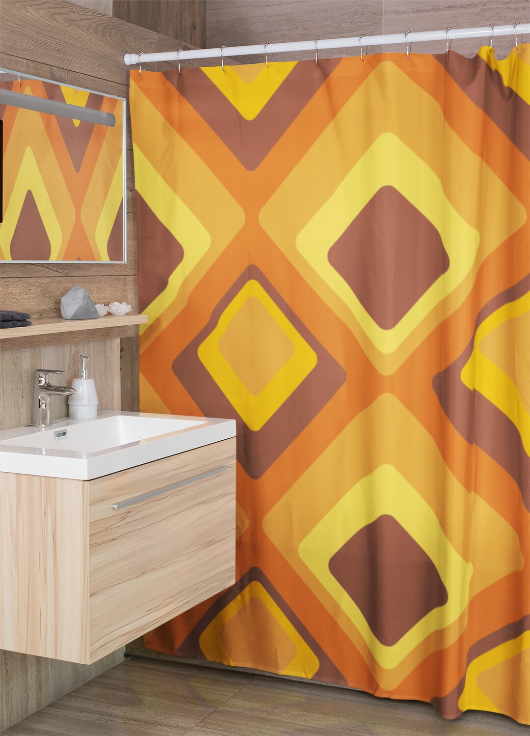 Retro Shower Curtain Groovy 60's 70's Geometric Hippie Shower Accessory, Retro Bathroom Curtain