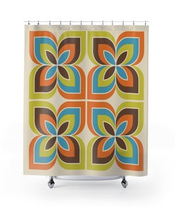 Retro Shower Curtain Groovy 60's 70's Geometric Hippie Shower Accessory, Retro Bathroom Curtain Home Decor