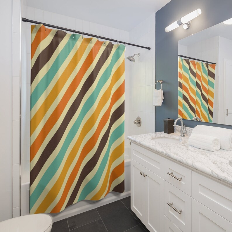 Retro Shower Curtain, Groovy 60's 70's Hippie Shower Accessory, Retro Bathroom Curtain, Striped Tub Curtain - Image 2
