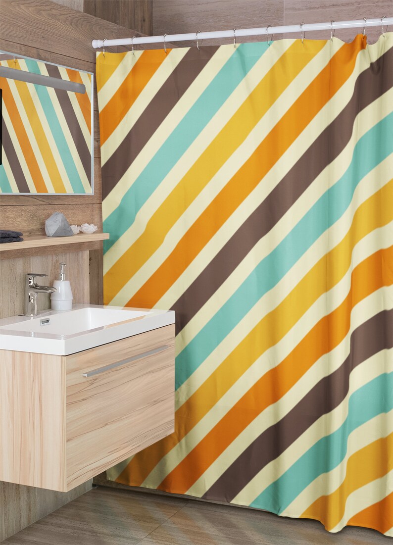 Retro Shower Curtain, Groovy 60's 70's Hippie Shower Accessory, Retro Bathroom Curtain, Striped Tub Curtain - Image 3