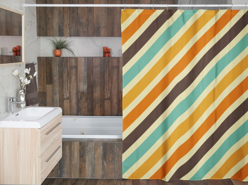 Retro Shower Curtain, Groovy 60's 70's Hippie Shower Accessory, Retro Bathroom Curtain, Striped Tub Curtain - Image 4