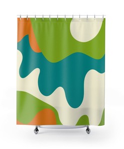 Retro Shower Curtain, Groovy 70's, Green, Teal Blue, Orange, Hipster Swirl Pattern Mid Century Modern Shower Curtain