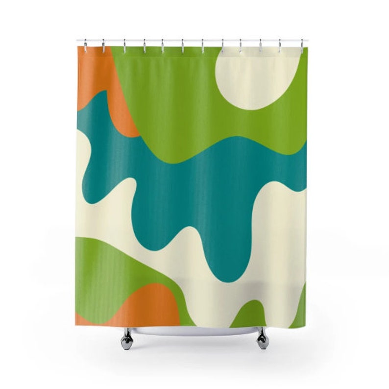 Retro Shower Curtain, Groovy 70's, Green, Teal Blue, Orange, Hipster Swirl Pattern Mid Century Modern Shower Curtain - Image 2