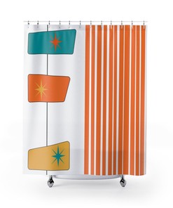 Retro Shower Curtain, MCM Mid Mod Bathroom, White, Orange, Yellow, Abstract, Geometric Atomic Age Living