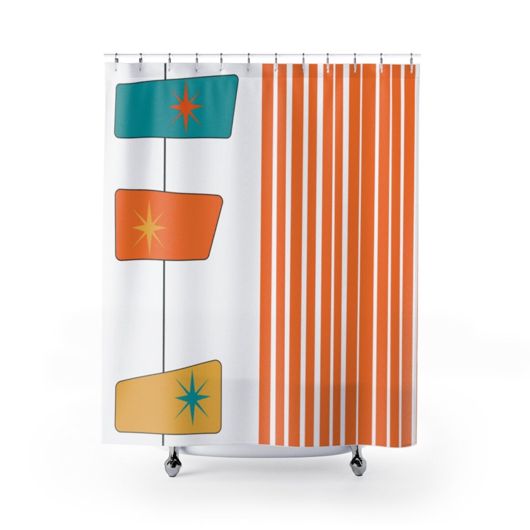 Retro Shower Curtain, MCM Mid Mod Bathroom, White, Orange, Yellow, Abstract, Geometric Atomic Age Living