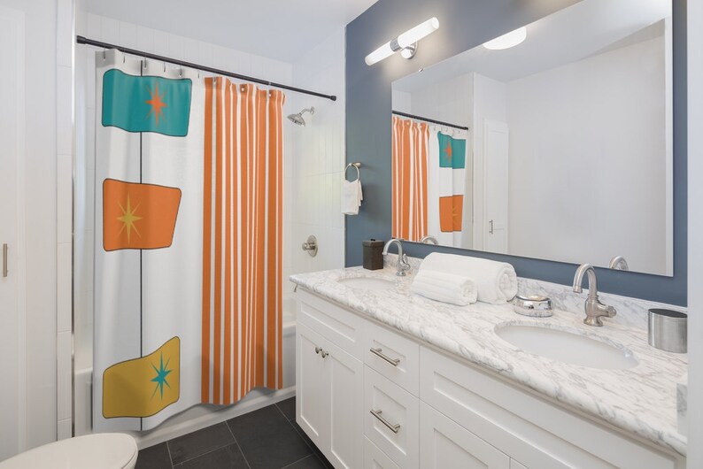 Retro Shower Curtain, MCM Mid Mod Bathroom, White, Orange, Yellow, Abstract, Geometric Atomic Age Living - Image 2