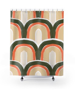 Retro Shower Curtain, Mid Century Modern Boho Green, Tan And Orange Rainbow Retro Shower Curtain