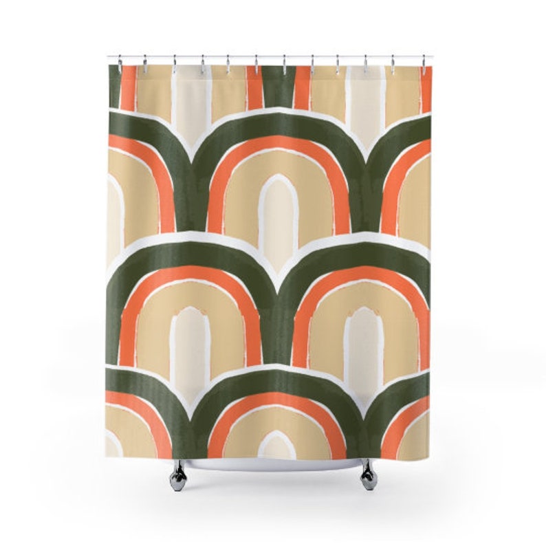 Retro Shower Curtain, Mid Century Modern Boho Green, Tan And Orange Rainbow Retro Shower Curtain - Image 2