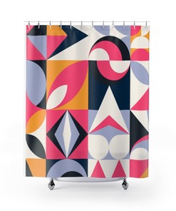 Retro Shower Curtain, Mid Century Modern Funky Fun Pink, Blue, Mustard Yellow, Ice Gray, And White Retro Shower Curtain