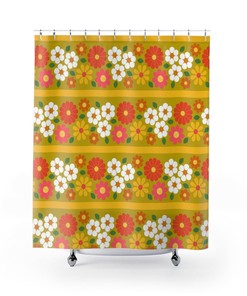 Retro Shower Curtain, Mid Century Modern, Groovy Flower Power, Yellow, Green, Pink Funky Daisy 60's Vibe MCM Mid Mod, Shower Curtain