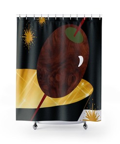 Retro Shower Curtain, Mid Century Modern Martini with Wooden Olive