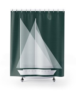 Retro Shower Curtain, Mid Century Modern Nautical Boat. Night Ship