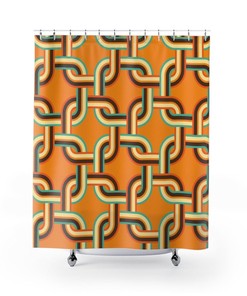 Retro Shower Curtain, Mid Century Modern Orange, Brown, Teal, Chain Link, MCM Mid Mod Geometric Shower Curtain