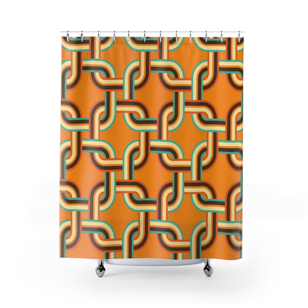 Retro Shower Curtain, Mid Century Modern Orange, Brown, Teal, Chain Link, MCM Mid Mod Geometric Shower Curtain