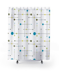 Retro Shower Curtain, Mid Century Modern Retro Abstract Neon Green, Avocado Green, Blue Base White Shower Curtain