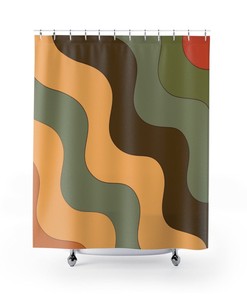 Retro Shower Curtain, Retro Boho Shower Curtain, Groovy 70's Funky Abstract, Brown, Green, Orange Modern Chic Mcm, Mid Century Bath Decor