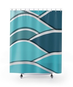 Retro Shower Curtain, Retro Coastal Blue, Wave, Mcm Mid Mod Teal, Aqua, Beach Home, Coastal Living Shower Curtain