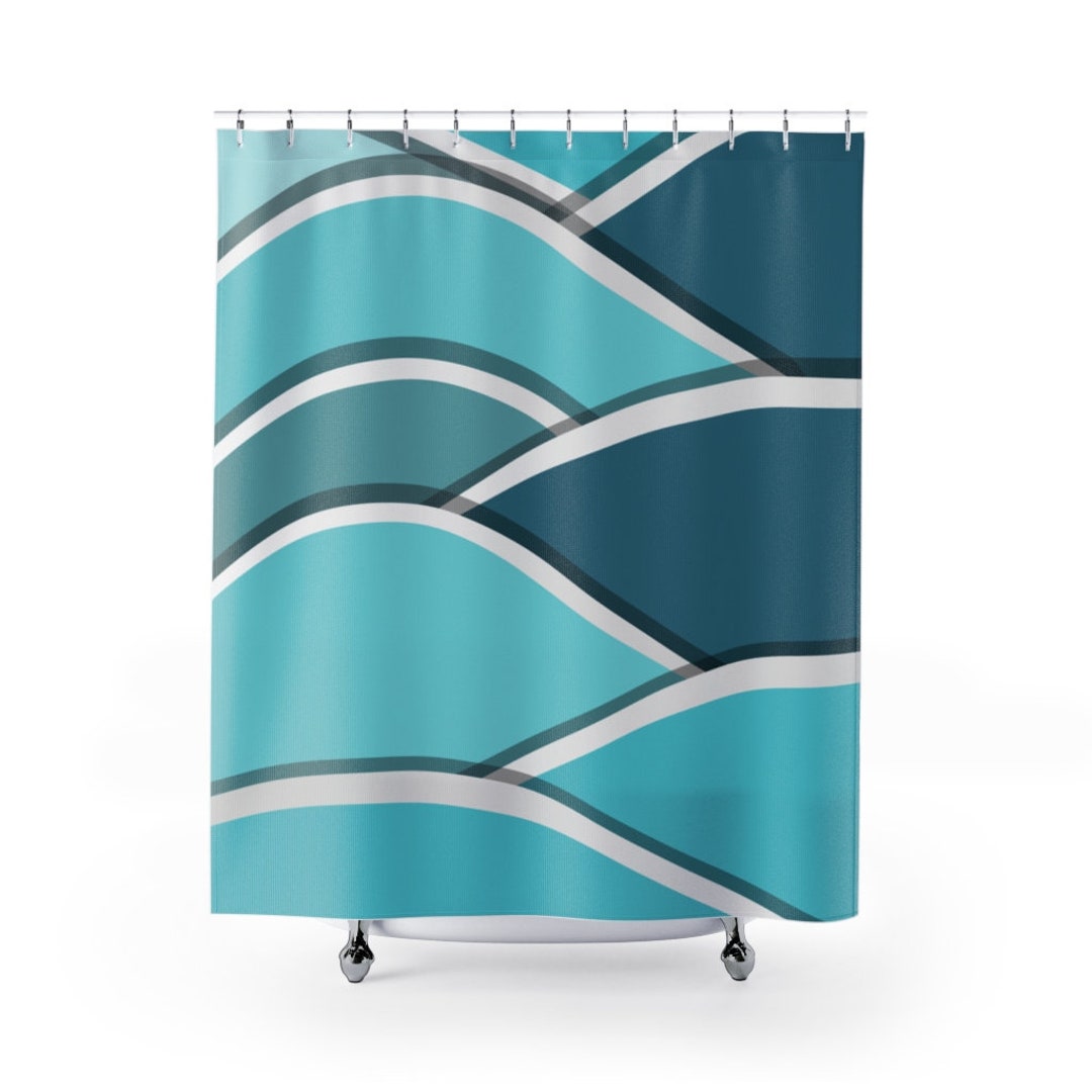 Retro Shower Curtain, Retro Coastal Blue, Wave, Mcm Mid Mod Teal, Aqua, Beach Home, Coastal Living Shower Curtain