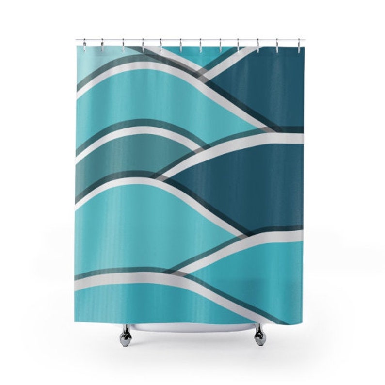 Retro Shower Curtain, Retro Coastal Blue, Wave, Mcm Mid Mod Teal, Aqua, Beach Home, Coastal Living Shower Curtain - Image 2
