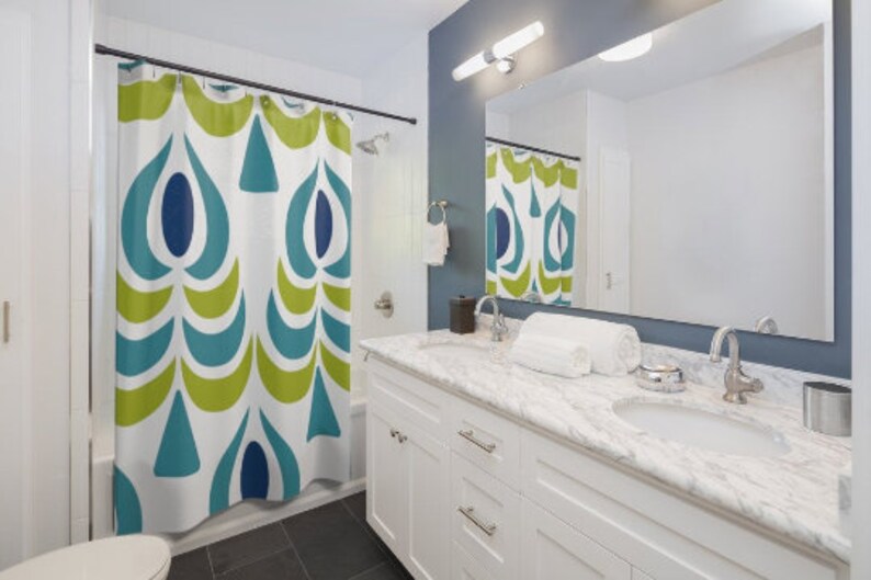 Retro Shower Curtain, Retro Peacock Scandinavian Retro Mid Modern Shower Curtain - Image 4
