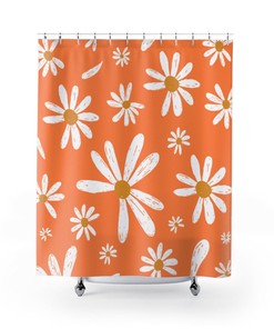 Retro Shower Curtain, Retro Shower Curtain, 70's Daisy, Vintage Inspired Sherbet Orange Mcm Mid Mod Modern Shower Curtains