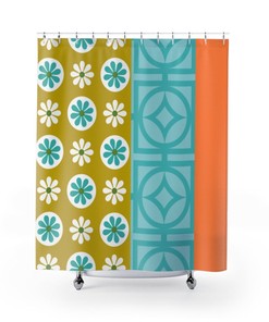 Retro Shower Curtain, Retro Shower Curtain, Blue 50's Breeze Block, Groovy Mod Daisy Green, Orange Mid Mod Bath Decor