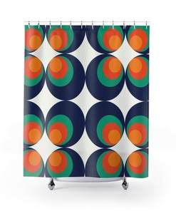Retro Shower Curtain, Retro Shower Curtain, Retro 70's Groovy Orb Blue Orange White Mid Modern Hipster Shower Curtain