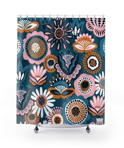 Retro Shower Curtain, Traditional Folk Art, Floral Shower Curtain, 1960s Bathroom Decor, 1970s Home Decor, Flower Power Gift
