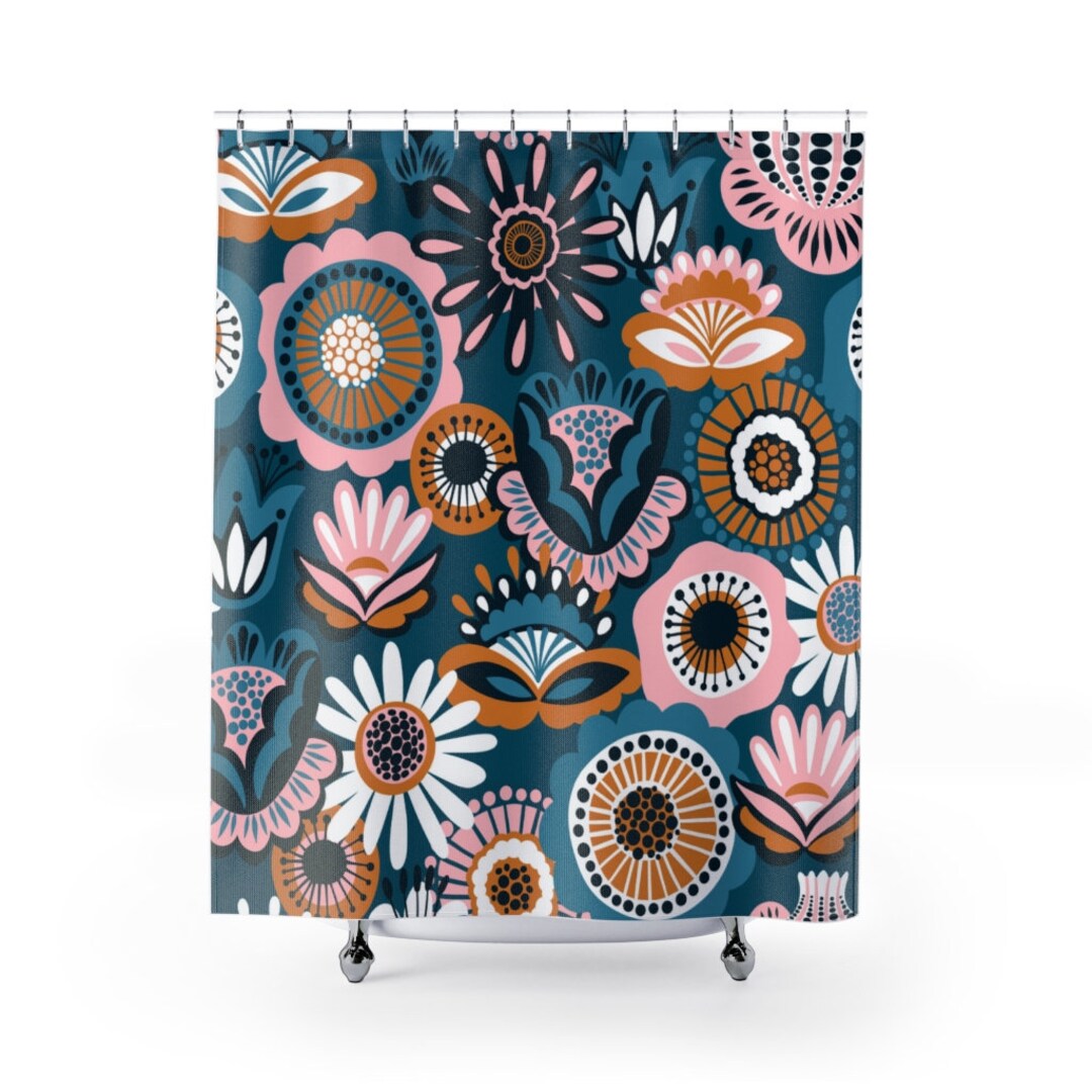 Retro Shower Curtain, Traditional Folk Art, Floral Shower Curtain, 1960s Bathroom Decor, 1970s Home Decor, Flower Power Gift