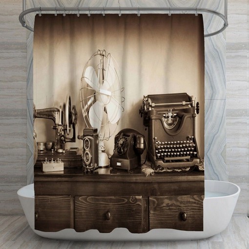 Retro Shower Curtains, 1920s Retro Art Shower Curtain, Artistic Vintage Appliances Decor, Old Fashion Bathroom, Vintage Bath Decor