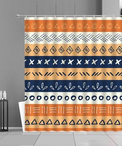 Retro Stripe Shower Curtain, Colorful Mid-Century Boho Horizontal Blue Fabric Bathroom Curtain