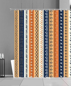 Retro Stripe Shower Curtain, Colorful Mid-Century Boho Vertical Blue Fabric Bathroom Curtain