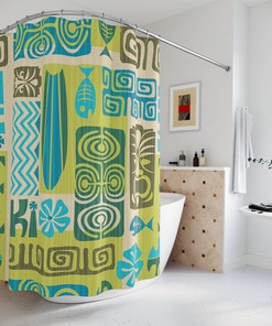 Retro Tiki Curtain, Lime Green, Blue Tropical Tiki Man, Funky, Groovy Shower Curtains