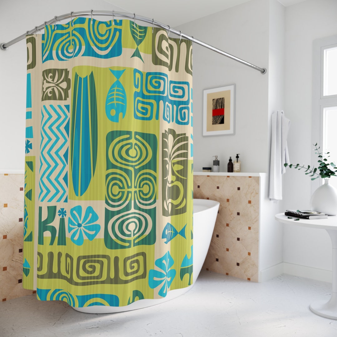 Retro Tiki Curtain, Lime Green, Blue Tropical Tiki Man, Funky, Groovy Shower Curtains