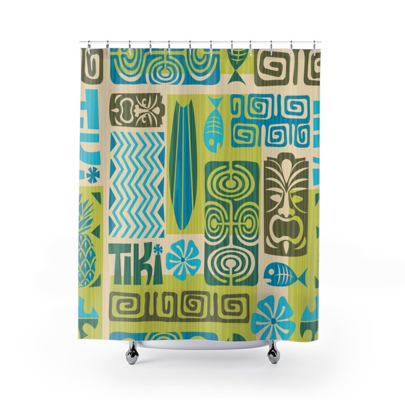 Retro Tiki Curtain, Lime Green, Blue Tropical Tiki Man, Funky, Groovy Shower Curtains - Image 2