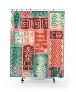 Retro Tiki Man, Teal, Pink, Orange Retro Funky Fun Floral, Pineapple, Tiki Shower Curtain