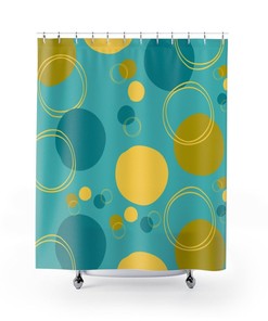 Retro Turquoise Blue Mid Century Mod Geometric Circle Yellow, Green Shower Curtain