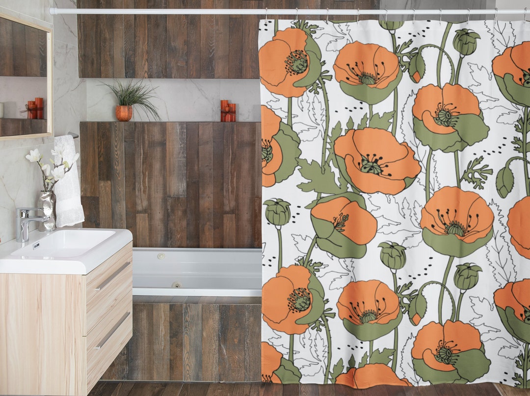 Retro Vintage Orange Poppies Shower Curtain Poppy Bathroom Decoration