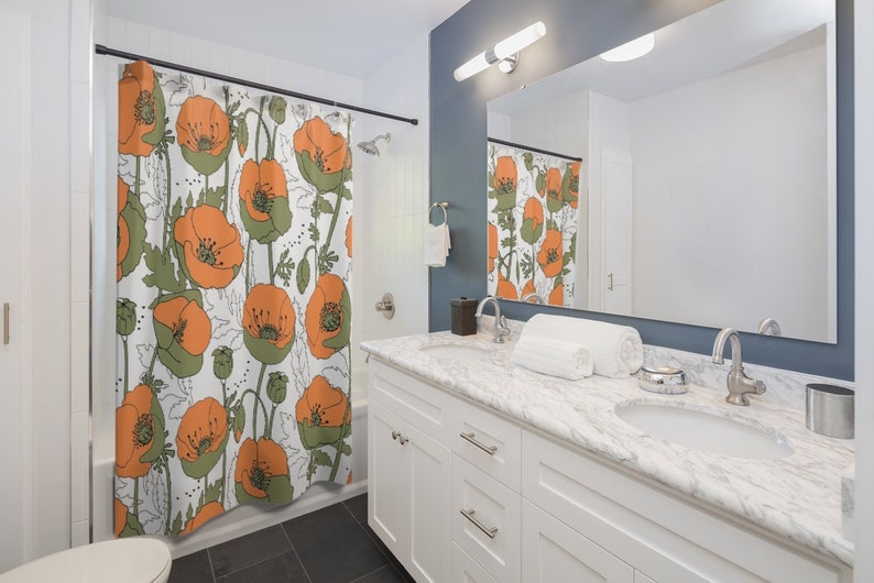 Retro Vintage Orange Poppies Shower Curtain Poppy Bathroom Decoration