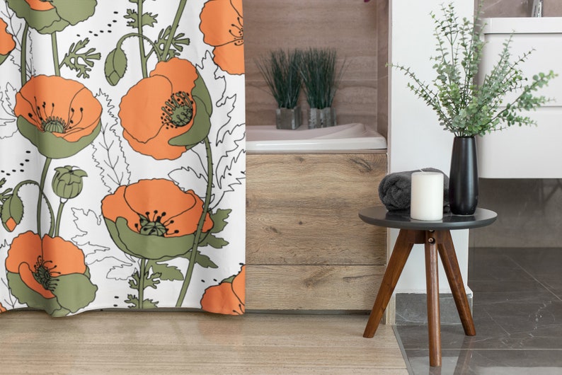Retro Vintage Orange Poppies Shower Curtain Poppy Bathroom Decoration