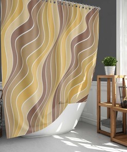 Retro Yellow Brown Lines Shower Curtain, Mid-Century Vintage Art Fabric Bathroom Curtain, House Warming Gift