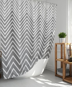 Retro Zig Zag Geometry Shower Curtain, Minimalist Black White Gray Vintage Fabric Bathroom Curtain