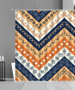 Retro Zigzag Shower Curtain, Colorful Mid-Century Ethnic Orange Blue Fabric Bathroom Curtain