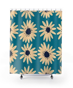 Retro daisy flowers mod boho shower curtain, 1970's bathroom hippie groovy bathroom decor, bathroom shower curtain 70's decor