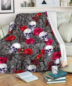 Rose Branch Skull Pattern Sherpa Fleece Blanket Gifts for Family, for Couple